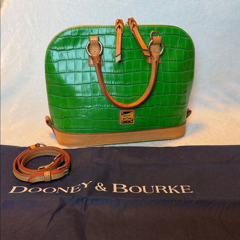 Dooney & Bourke Green Croc-Embossed Satchel with Tan Trim